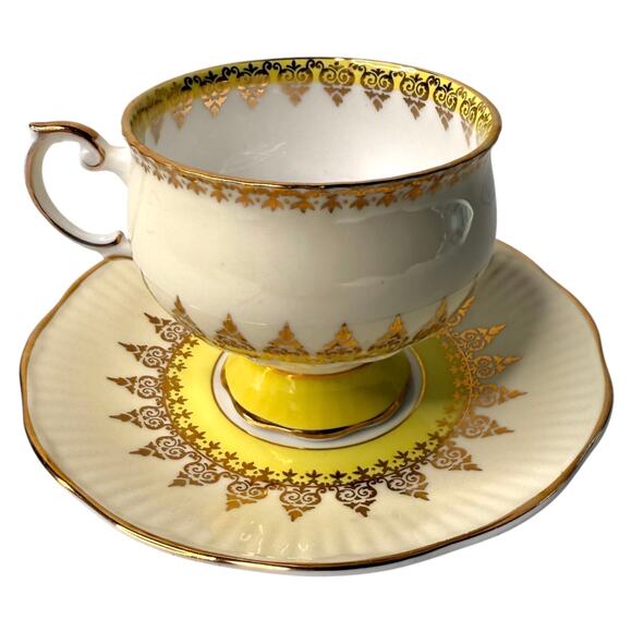 ROSINA Yellow Gold Footed TEA CUP & SAUCER SET England 1940s Fine Bone China VTG - Picture 3 of 11